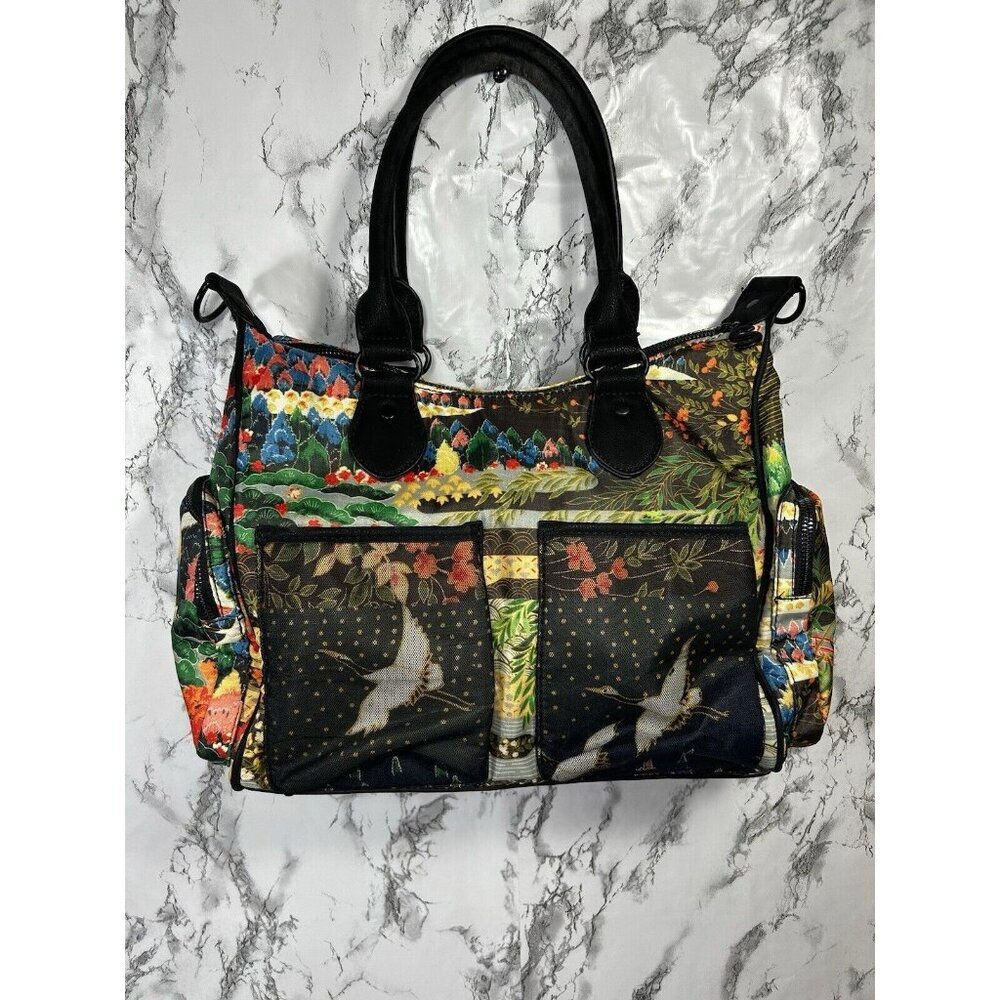 Desigual Multicolor Floral & Bird Satchel with Black Handles and Green Accents